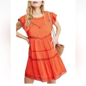 FREE PEOPLE Retro Kitty Crochet Tangerine Mini Dress Size Small